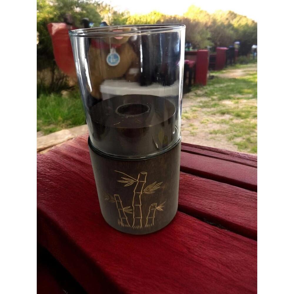 Candle Dark Brown Wood Holder with Bamboo Etching Glass Globe 9.25 in tall